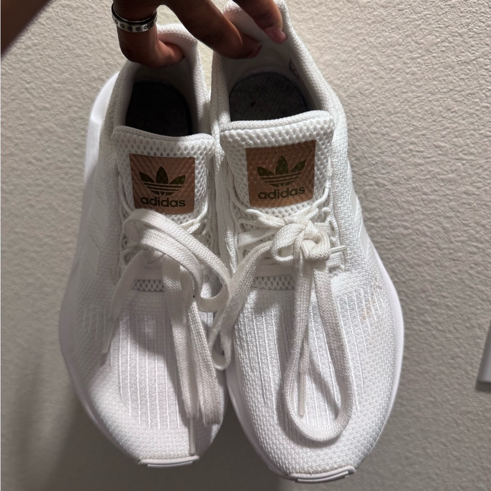 adidas White Knit Sneakers with Tan Logo Patch